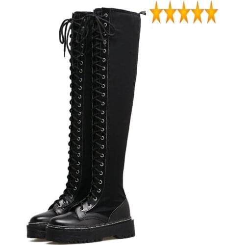 Leather New Punks Fashion Womens Platform Shoes Creepers For Woman Lace Up Over The Knee High Riding Black Stretchy Boots