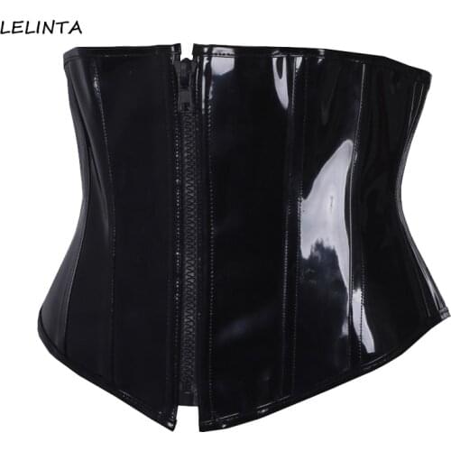 Women Black PVC Zipper Corselet Sexy Lace Up Corsets Bustiers Strapless Slim Waist Trainer Steampunk Corset Underbust