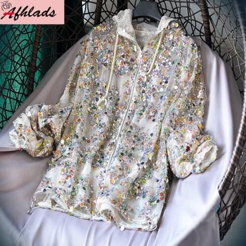 Summer Womens Loose Casual Sequin Embroidery Hooded Coats Lace Straight Long Sleeve High Quality Cardigan Jacket Outerwear