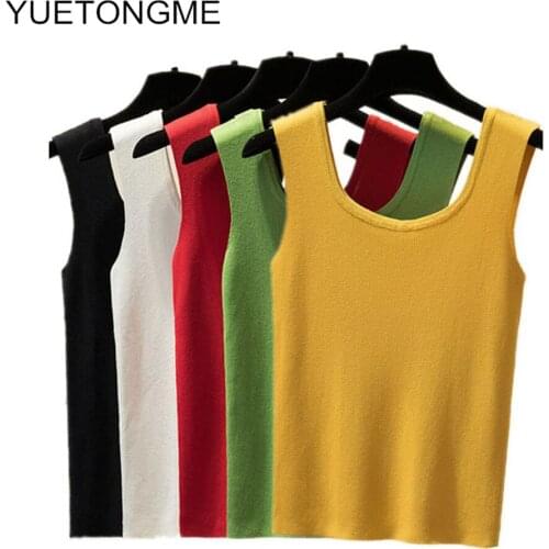 Sexy Square Collar Women short Tops 2021 Summer Off Shoulder White Vest Knitted Solid color Tank Tops