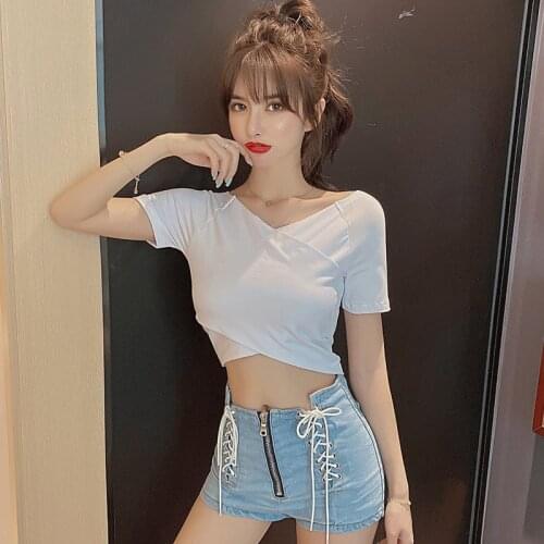 2021Summer Women Slim T-shirt short Sleeve T shirt Cross V-neck Sexy Crop Top short y2k top
