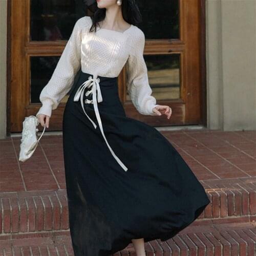 2 Piece Set Women French Elegant Suit Female Vintage Square Collar Knitted Sweater+ Bow Lace-Up Skirt Korean 2020 Winter Outfits