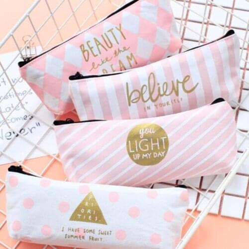 1 Pcs Lytwtws Pink Canvas Pen Pencil Bag Canvas School Stationary Makeup Pouch Cosmetic Case Office Supply Word Dot Cute Kawaii