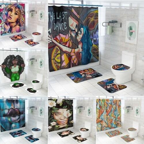 African American Shower Curtain Lover Sexy Lips Pattern Bathroom Curtains Sets Anti-skid Rugs Toilet Lid Cover Bath Mat Set