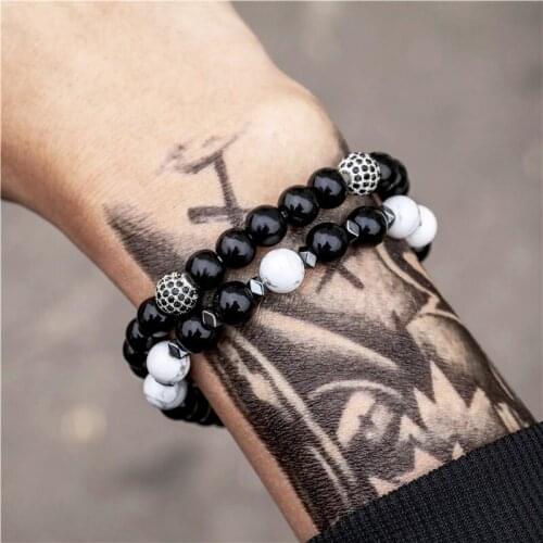 8mm Black Stone beads bracelet copper ball 2pcs/set Men women armband pulseira mens jewelry pulseras bracelets homme bijoux