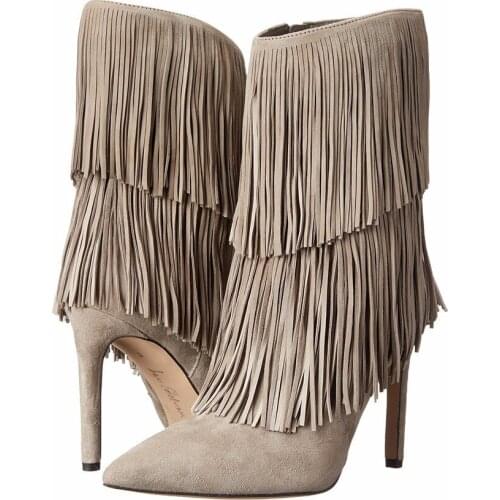 Designer Beige Black Brown Tassel Suede Leather High Heel Boots Women Inside Zipper Mid-calf Pointed Toe Autumn Short Boots