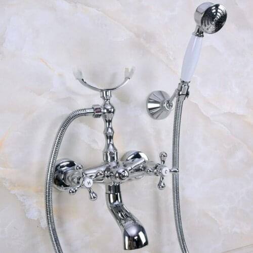 Bathroom Polished Chrome Clawfoot Bathtub Faucet Deck Mounted Double Handle Tub Faucet With Handheld Showers zna229