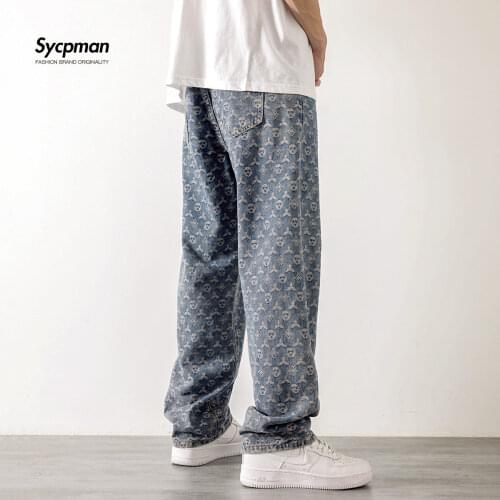 American retro jacquard jeans men autum summer thin Street ruffian handsome loose leg pants straight tube drop feeling mop pants