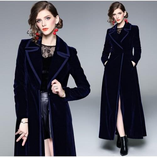 Elegant Dark Blue Lady Slim Velvet Turn-Down Collar Pockets Overcoat Jackets Women With Long Sleeves Winter Autumn 2020
