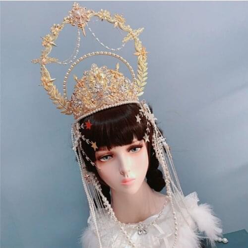 Beautiful golden Lolita Crown hair decoration goddess cosplay headwear Model Show studio photography