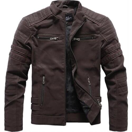 Winter Fleece Leather Jacket Men Stand Collar Washed Retro Motorcycle Leather Jackets Jaqueta Masculino Mens Coats 4XL Clothing
