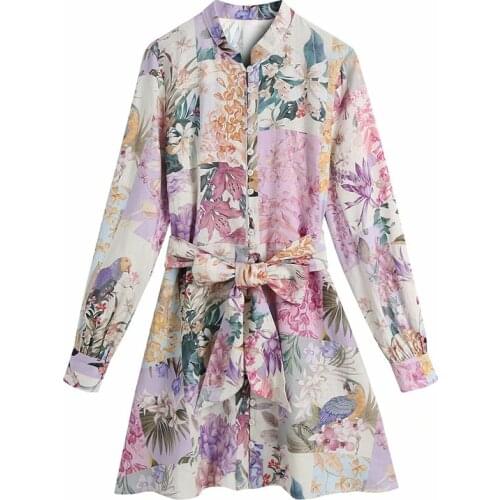 Evfer Spring Summer New Fashion Flower Print Za Mini Dresses Women Elegant Single Breasted Long Sleeve Dress With Belt Chic