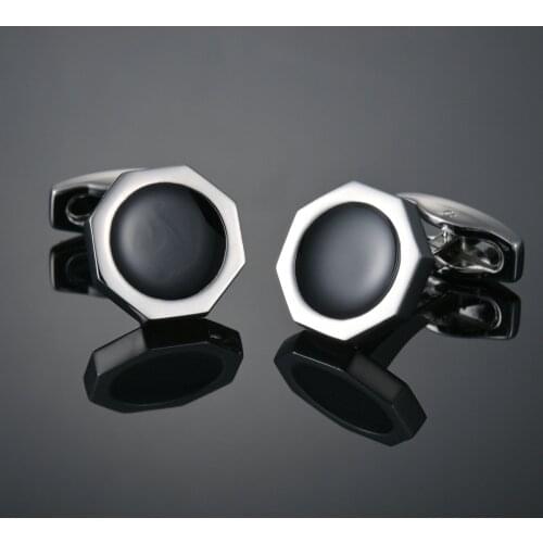 Mens Fashion Hexagon Single Round Black Cufflinks Silver Color Cuff Button for Male Gentleman Shirt Wedding Cuff Links Gifts