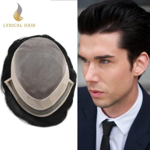 Black Human Hair Mens Toupee Fine Welded Mono Hair System Druable PU Around Indian Remy Human Hairpiece Easy To Wear Replacement