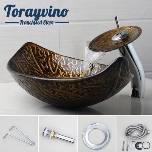 Toilet golden sink set leaf shape Tempered glass basin brass waterfall faucet hand painting bathroom wash basin with tap set