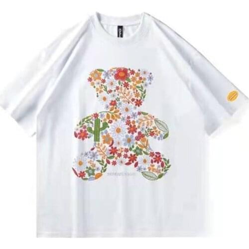2021 New Embroidered Bear Oversized T-shirt Cartoon Top Unisex Harajuku Style Cute Summer Pure Cotton Loose Unisex Short Sleeve