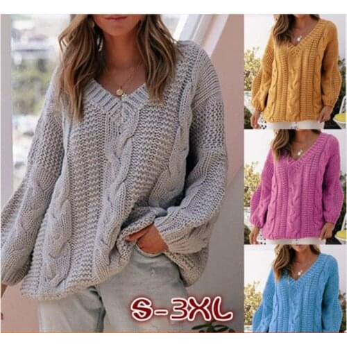 New Autumn Winter Casual Loose knitted sweaters Elegant V-Neck Plus size women sweaters and pullovers sueter mujer invierno M988
