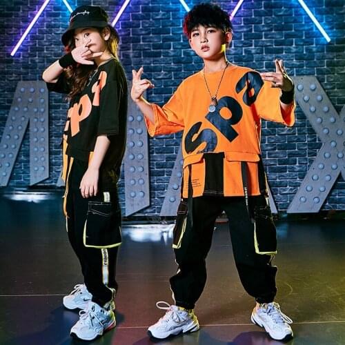 Pally elves Summer 2020 Child Set Orange T-shirt Elastic Waist Jogger Pants Hiphop Dancewear