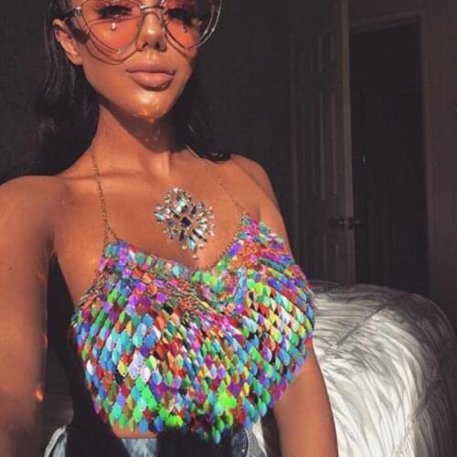 Sexy Sequins Shiny Bikini Bra Body jewelry Chain mail Colorful Harness Choker Body jewelry Costume Nightclub Body Jewelry
