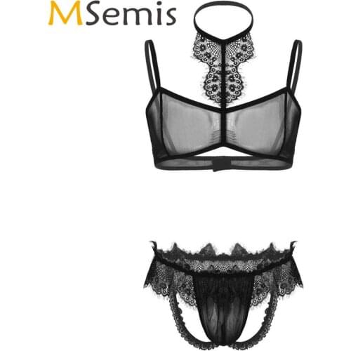 Mens Sissy Sexy Lenceria Nightwear See Through Sheer Mesh Gay Lingerie Set Fetish Lace Trim Bra with Open Butt G-string Panties
