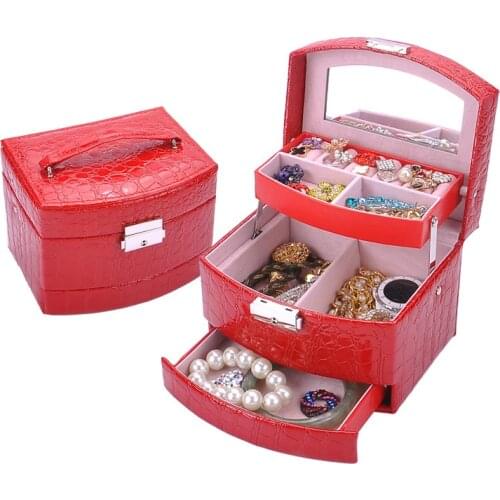 TOPINCN Multilayer Automatic Leather Jewelry Box Three-layer Storage Box For Women Earring Ring Cosmetic Organizer Casket Red