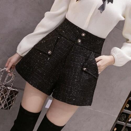 Autumn High Quality New Women Spring Winter Woolen Shorts Women Fashion Black Solid Pattern High Waist Sequin Tweed Short Pants