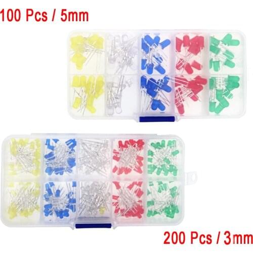 100pcs/200pcs LED light diode 5mm/3mm 5 color red yellow blue green white LED light emitting diode DIY set box