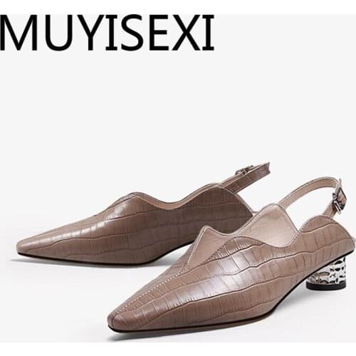 Pumps slingbacks women pointed toe genuine leather 3cm low round heel shallow travel buckle strap ladies shoes HL245 MUYISEXI