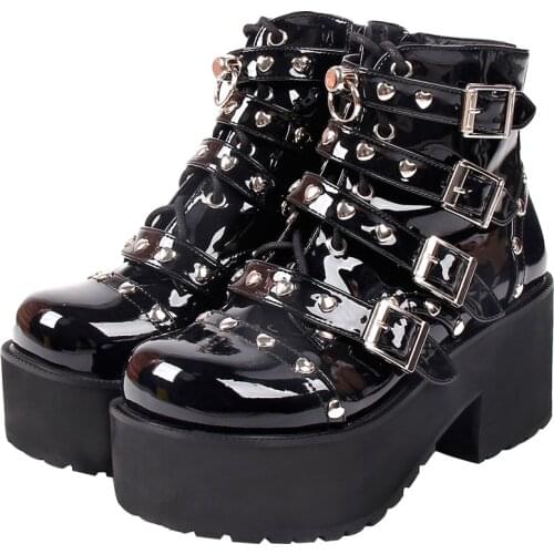 Angelic imprint handmade Women motorcycle punk boots lady short Boots woman mid trifle heels pumps shoes lace up rivets 8cm 208