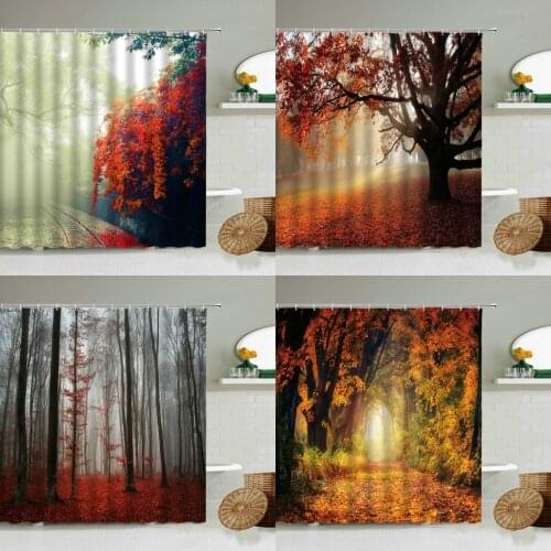 Foggy Forest Shower Curtain Natural Scenery Bathroom Autumn Trees Leaves Defoliation Road Design Home Decor With Hooks Screen