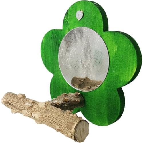 Bird Mirror with Perch Natural Wood Stick for Cage Parrot Stand Pecking Toys for Parakeet Cockatoo Conure 4 Colors
