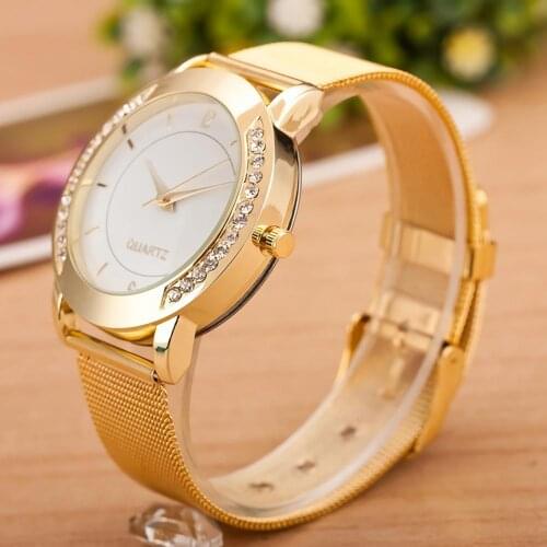 Fashion Women Rhinestone Inlaid Round Dial Mesh Band Analog Quartz Wrist Watch Personality Quartz Watch