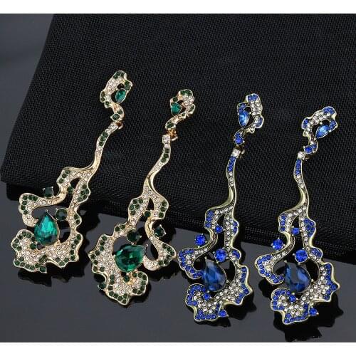 Palace style Retro Blue/Green Drilling Rhinestones Female Earrings Elegant Design S925 Silver Needle Long Luxury Earrings