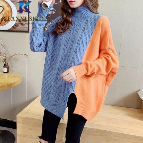 Patchwork Women Knitted Sweater Fashion Turtleneck Long Sleeve Sweaters Autumn Winter Warm Pullover Female Loose Jumpers Tops