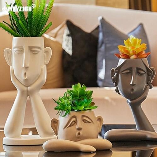 3PCS People Face Resin Flower Pot Character Sculpture Desktop Flower Container Decoration Garden Micro Landscape Potted