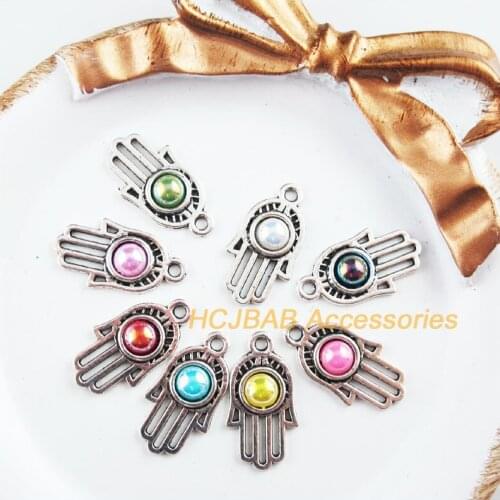 30 New Palm Charms Tibetan Silver Tone Retro Mixed Acrylic Pendants 11x21mm