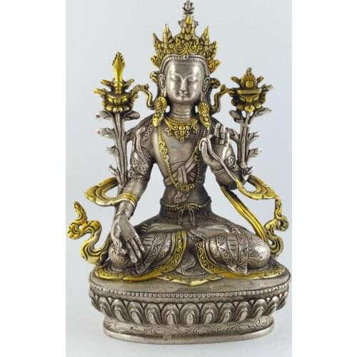 8.27 inch / Elaborate Chinese Tibetan silver Buddha white tara Tibetan Buddhism Statue