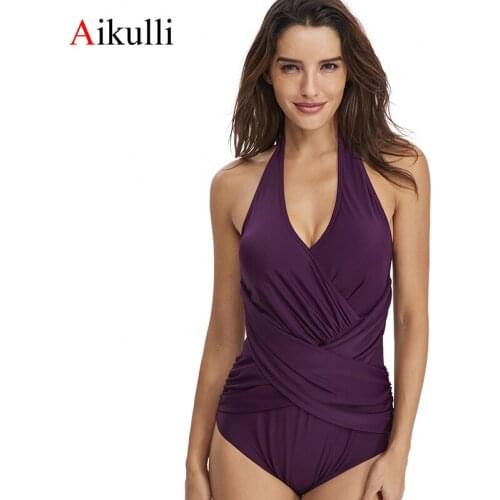Aikulli One Piece Swimsuit Women 2020 Swimwear Push UP V Neck Halter Bathing Suit Tummy Control Solid Monokini Beach Swim Suit