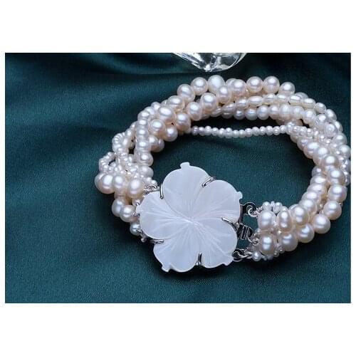 Wedding Woman 6 Rows Natural White Freshwater Pearl Bracelet Flower Clasp highlight Handmade Woman Jewelry