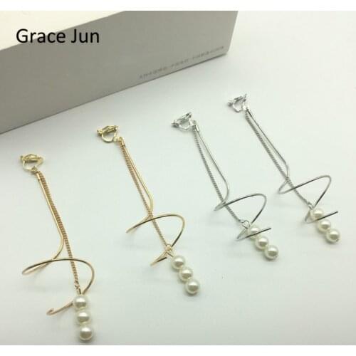 Grace Jun Korea Style Long Tassel Simulated Pearl Geometric Clip on Earrings No Pierced for Women Charm Pierced Earrings Bijoux