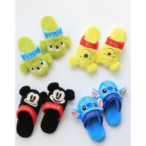 Disney Mickey Girls Cute Cartoon Cotton Slippers Pooh Winnie Stitch Home Slippers Indoor Slippers Non-slip Cute Warm Shoes