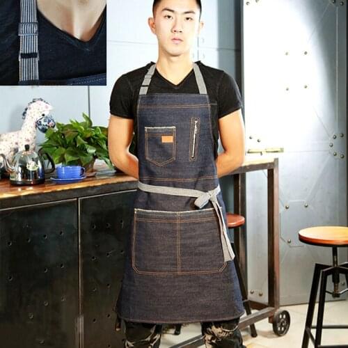 Denim Work Apron Men Women Long Adult Cafe Kitchen Cooking Home Garden Artist Jeans Denim Aprons Blue Cotton Sleeveless Smock