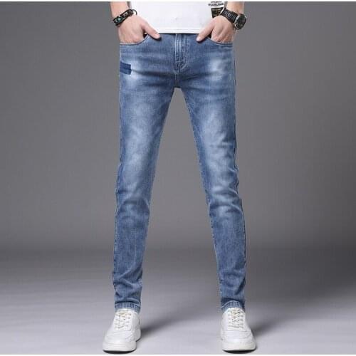 Jeans for Men 2021 Slim Fit Light Blue Stretch Spring and Summer Denim Trousers Patchwork Branded Mens Clothing Pantalon Homme