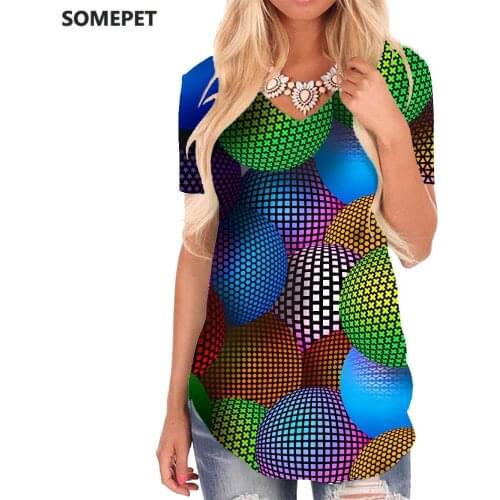 SOMEPET Colorful T-shirt women Dots V-neck Tshirt Harajuku Tshirts Printed Novel Shirt Print Womens Clothing Fashion Loose New