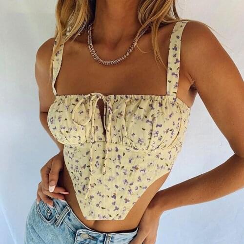 Sexy Crop Top Summer Floral Tank Top Corset Women Sweet Print Hollow Up Tie Up Sleeveless Ruched Boning Bustier Ropa Mujer