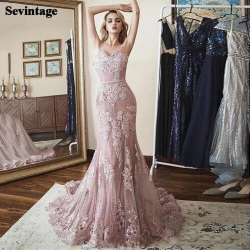 Sevintage Blush Pink Mermaid Lace Evening Dress Appliques Sexy Black Long Prom Gowns Spaghetti Strap Party Dresses Custom Made