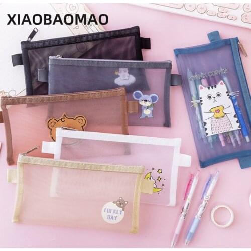 Cute Simple Transparent Mesh Pencil Case Office Student Pencil Cases Nylon School Supplies Pen Box