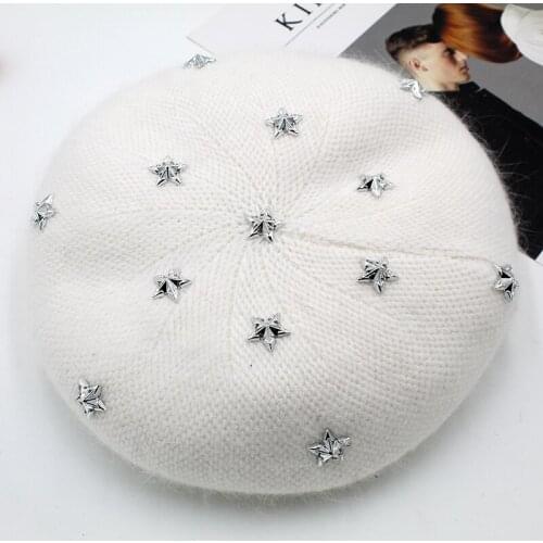 Fashion New Women Angora rabbit Solid Color Beret Female Bonnet Caps Winter All Matched Warm Walking Hat with stars GJ2088
