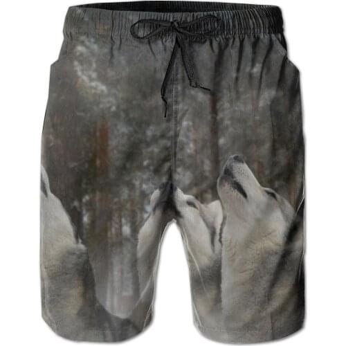 Mens Beach Short Swim Shorts Three Wolfs Howlling At Forest Surfing Maillot De Bain Sport Mens Board Shorts Swimwear