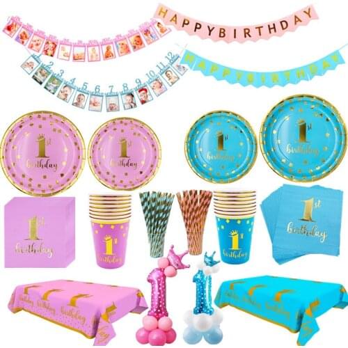 Baby 1st Birthday Disposable Tableware Pink Blue Plate Napkin One Year Kids First Birthday Party Tablecloth Baby Shower Supplies